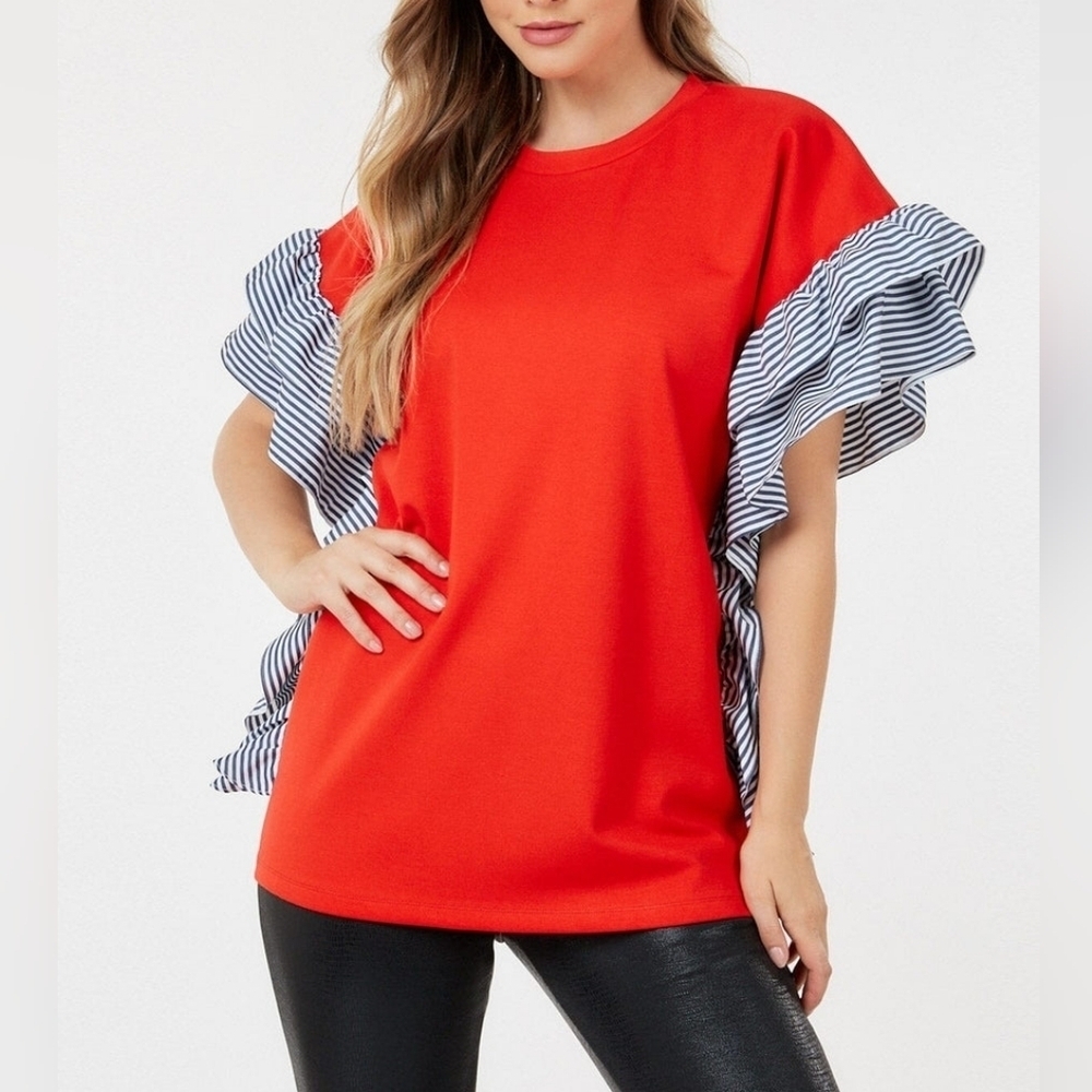 NWT CQ by CQ Red Statement Top with Striped Tiered Ruffle Sleeves.